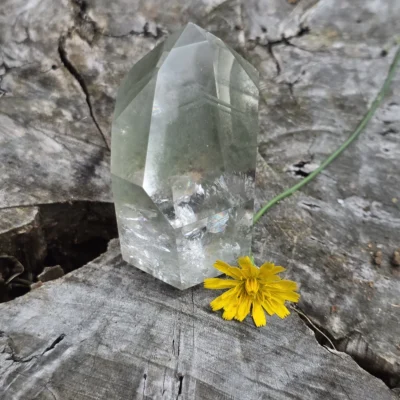 Cuarzo maestro fantasma con clorita verde de 165 gramos, pulido a mano, con el fantasma visible