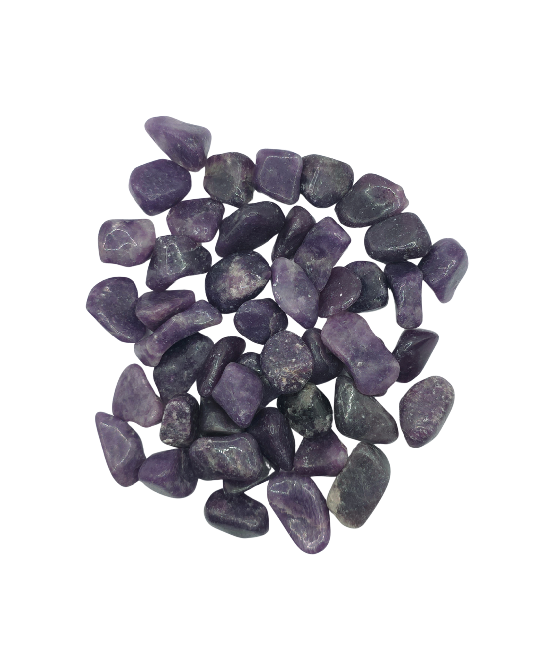 Rodados opacos de violeta oscuro y púrpura, con un brillo granulado que destella al girarlos.